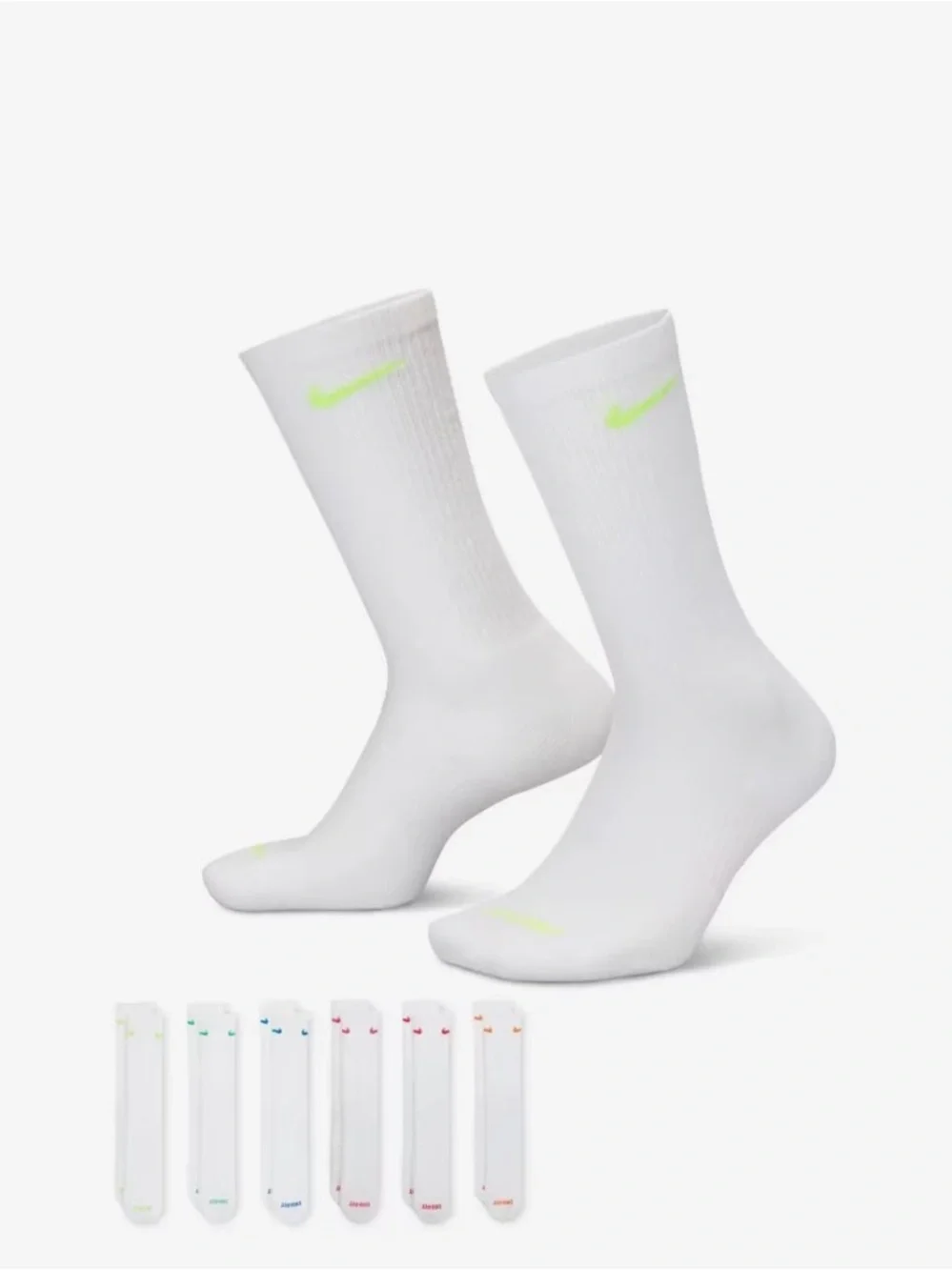 Nike White Crew Socks with Multicolor Neon Swoosh - 6 Pack